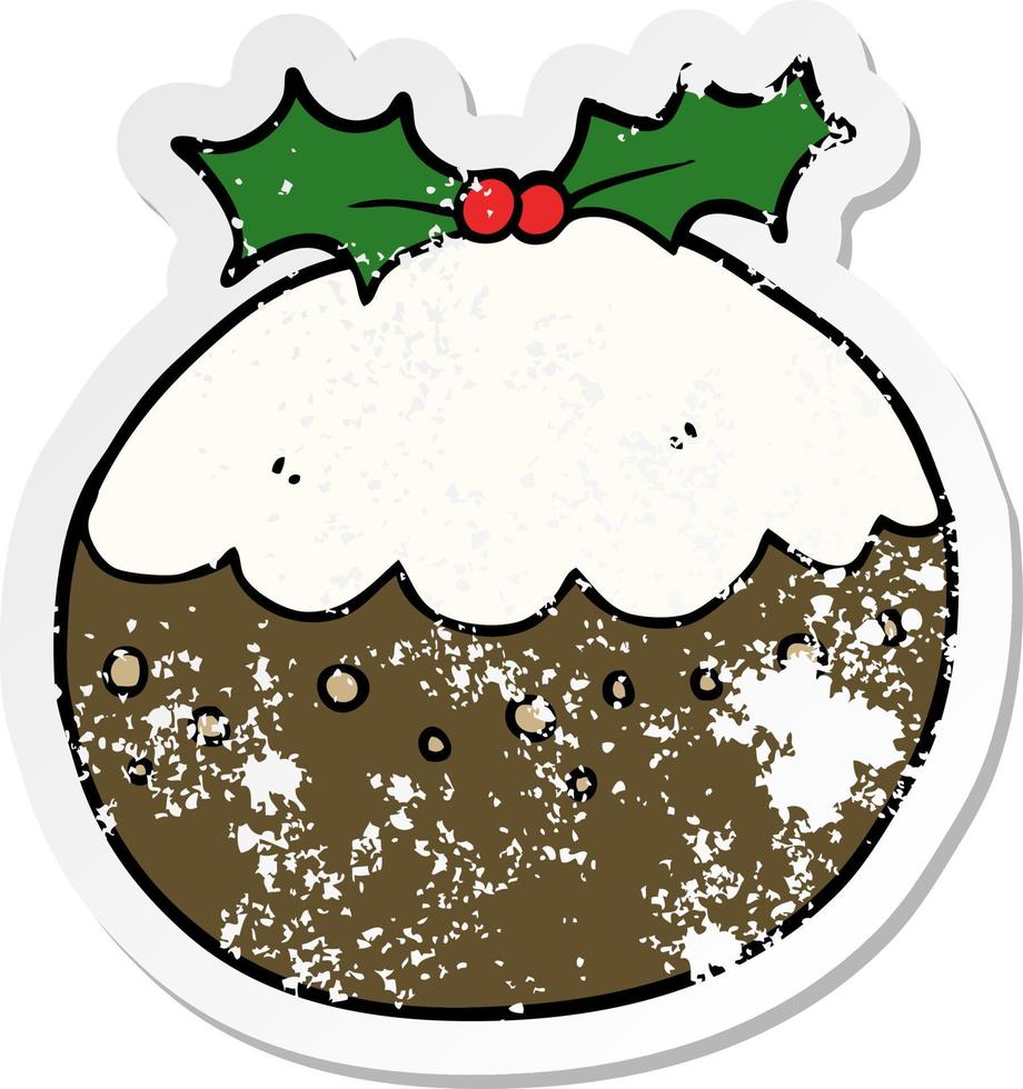verontruste sticker van een cartoon kerstpudding vector