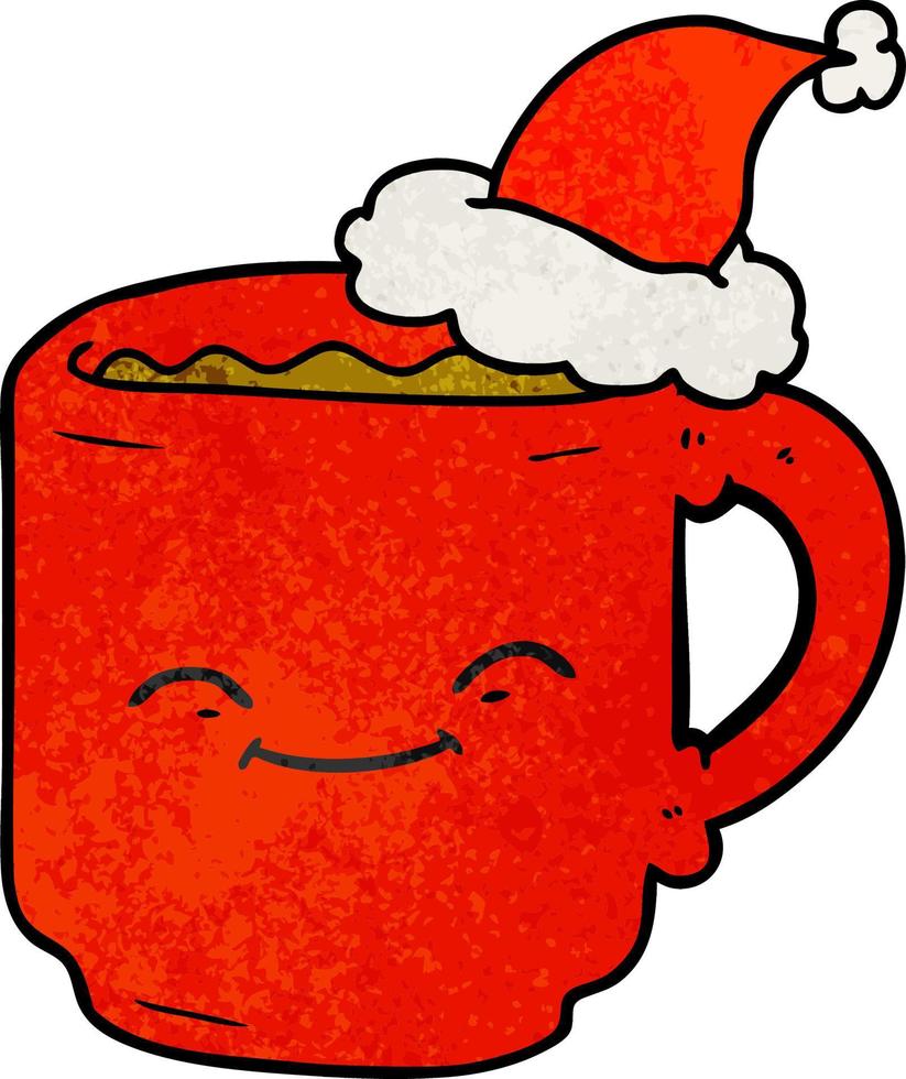 getextureerde tekenfilm van een koffie mok vervelend de kerstman hoed vector