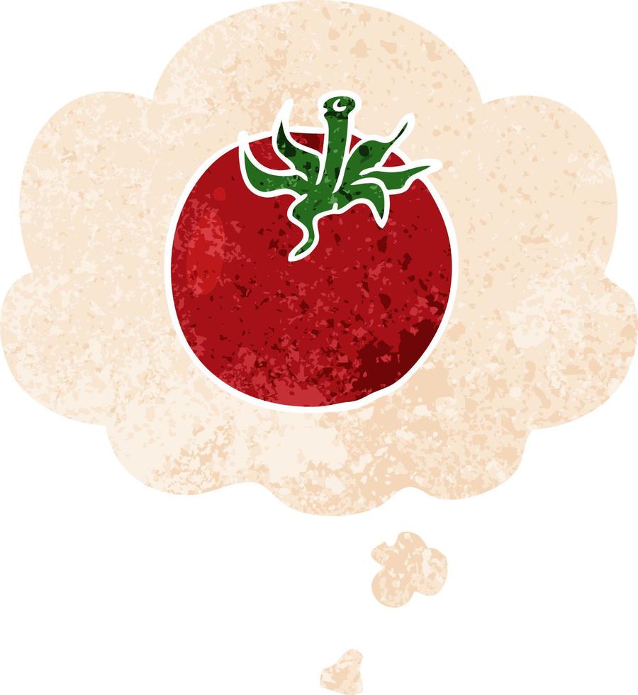 cartoon tomaat en gedachte bel in retro getextureerde stijl vector