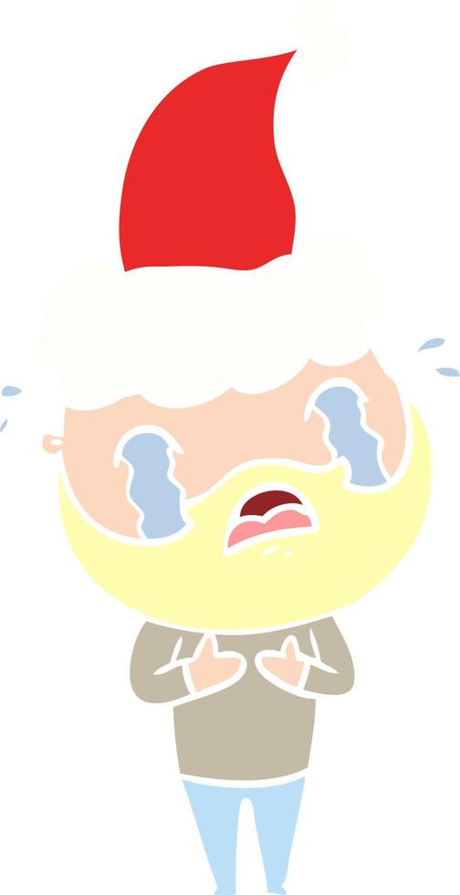 egale kleurenillustratie van een bebaarde man die huilt en een kerstmuts draagt vector