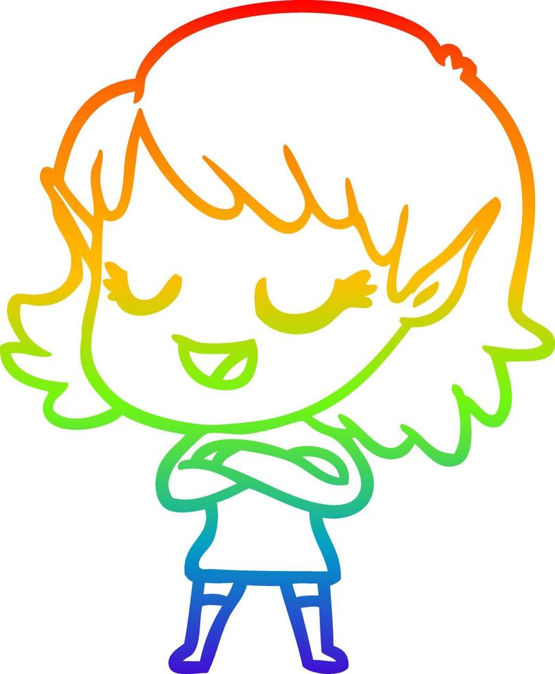 regenbooggradiënt lijntekening happy cartoon elf meisje vector