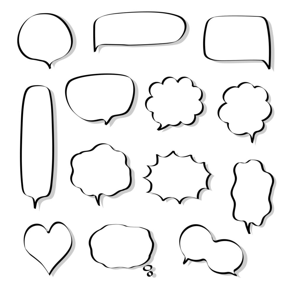 collectie set van lege zwart-wit hand tekenen tekstballon ballon, denk spreken praten tekstvak, banner, platte vector illustratie ontwerp