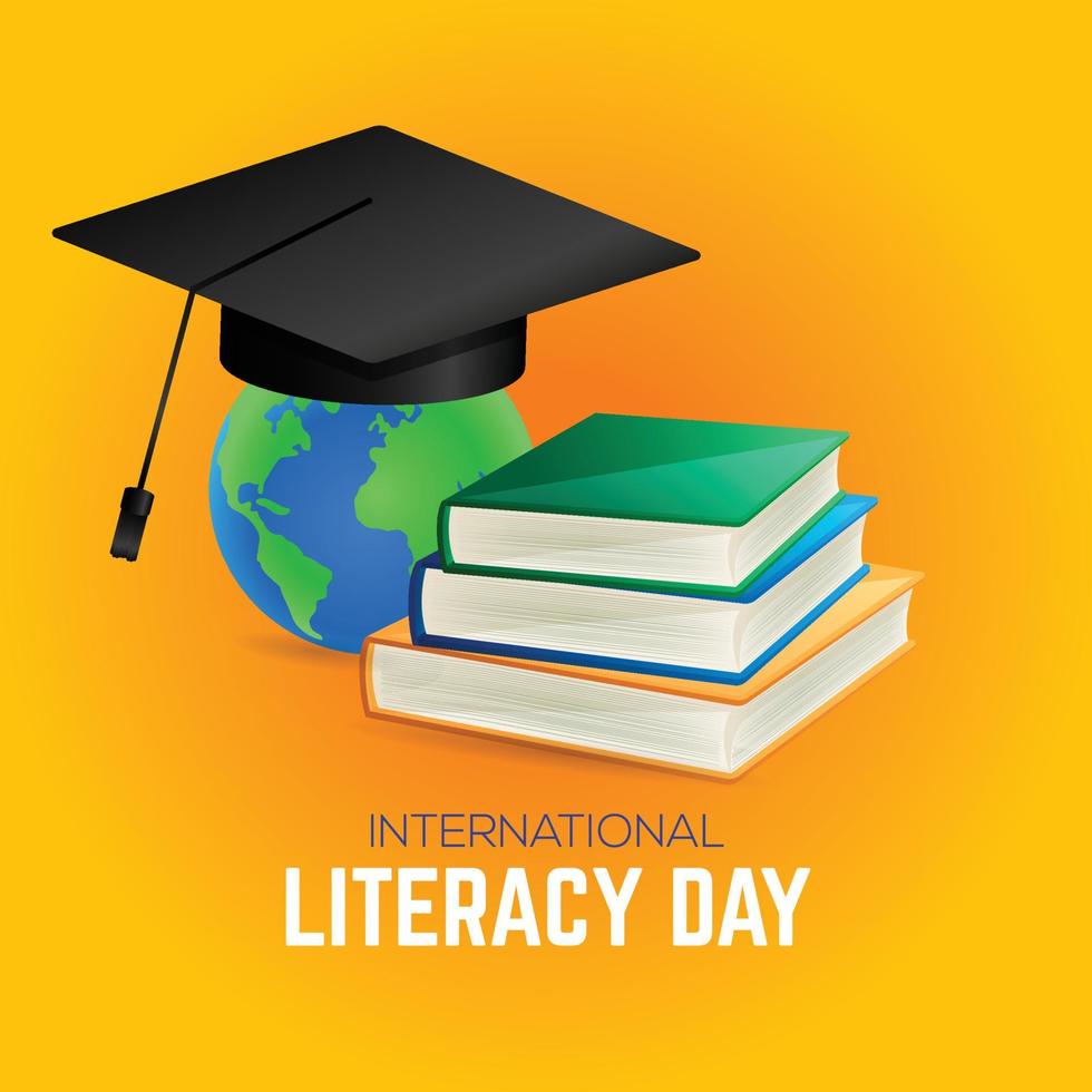 Internationale geletterdheid dag met boeken, wereldbol, inkt, pen geïsoleerd Aan geel achtergrond vector