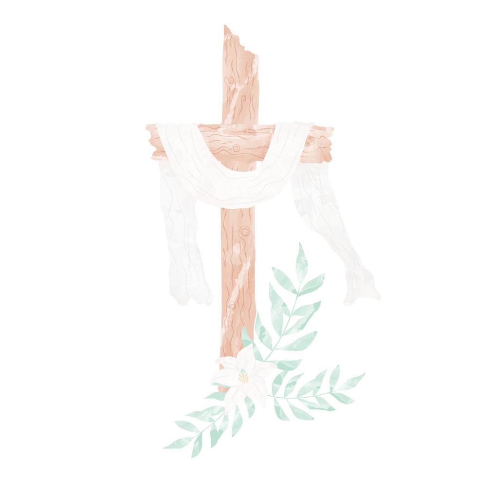 kruisbeeld of kruis en bloemen lelies en palm bladeren hij is opgestaan opstanding van Christus Pasen bruiloft doop waterverf schilderij vector