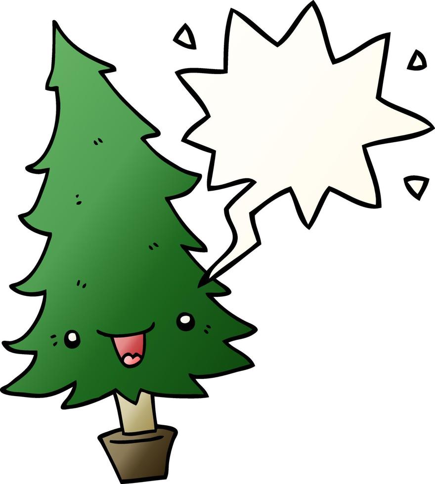 schattige cartoon kerstboom en tekstballon in vloeiende verloopstijl vector