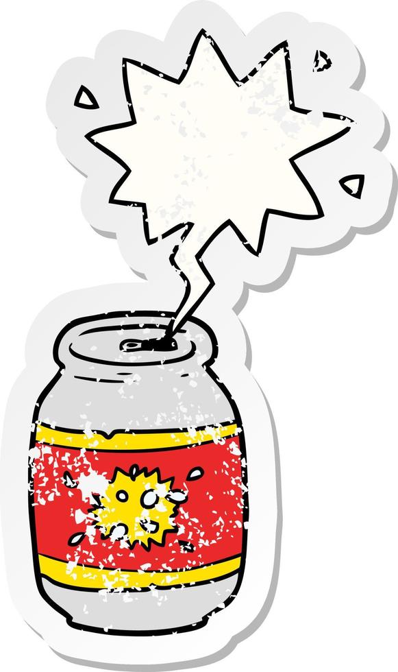 cartoon blikje frisdrank en tekstballon noodlijdende sticker vector