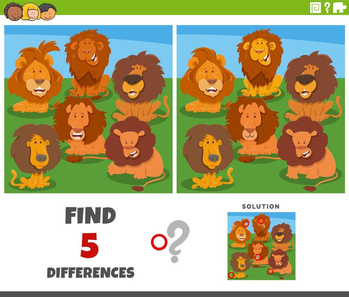 verschillen spel met tekenfilm leeuwen dier tekens vector