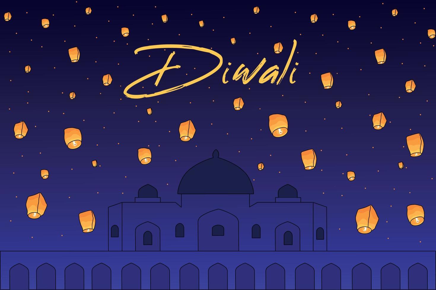 divali. veel lucht lantaarns Aan de achtergrond van een Indisch tempel. Indië. gelukkig diwali vakantie. verlichte olie lampen. Indisch tradities vector