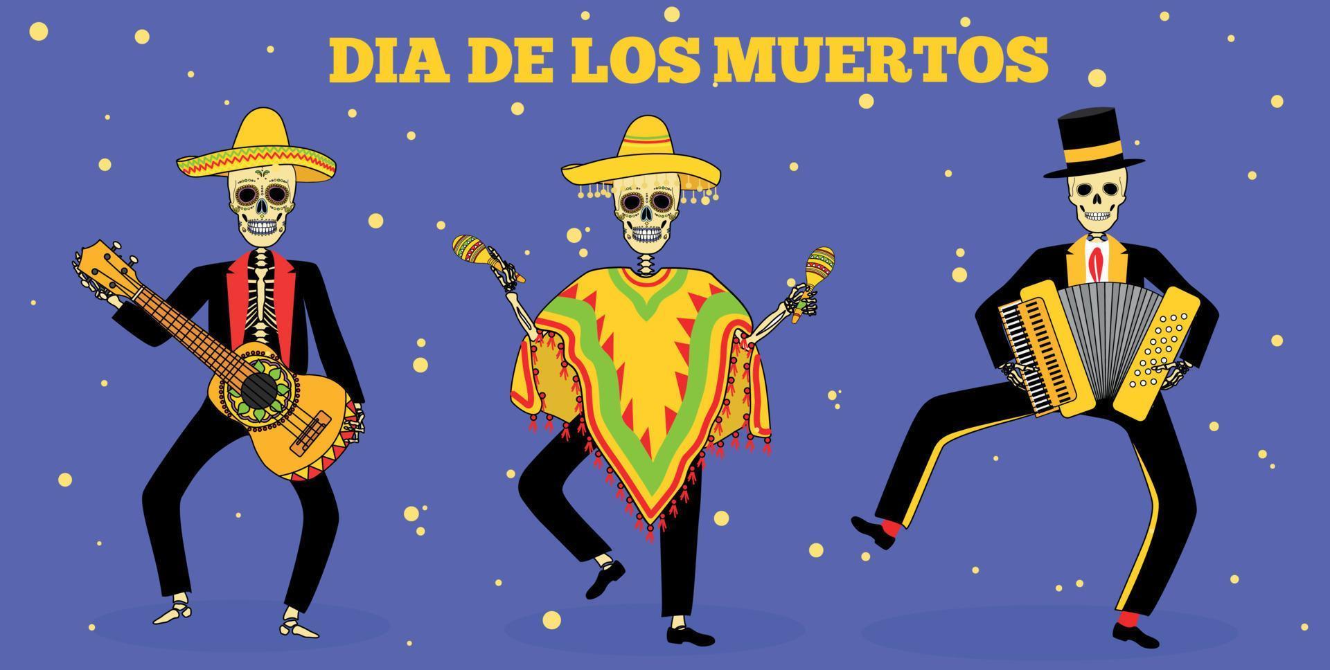 dag van de dood, dia de los moertos, banier met kleurrijk Mexicaans bloemen. vector skelet schedel in sombrero. glimlachen suiker feestelijk schedel. poncho, maracas. Mexico