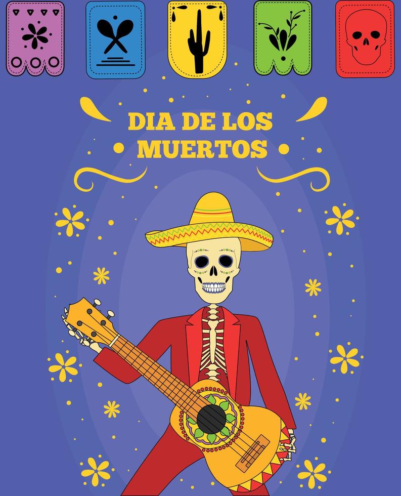 dag van de dood, dia de los moertos, banier met kleurrijk Mexicaans bloemen. vector skelet schedel in sombrero. glimlachen suiker feestelijk schedel. poncho, maracas. Mexico