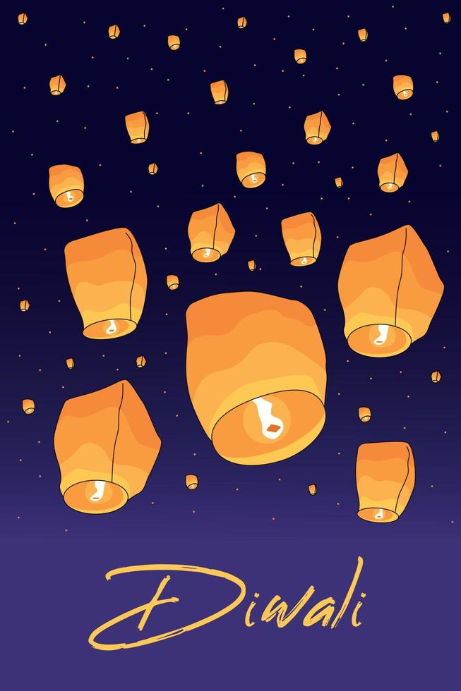 divali. veel van lucht lantaarns tegen de lucht. Indië. gelukkig diwali vakantie. verlichte olie lampen. Indisch tradities vector