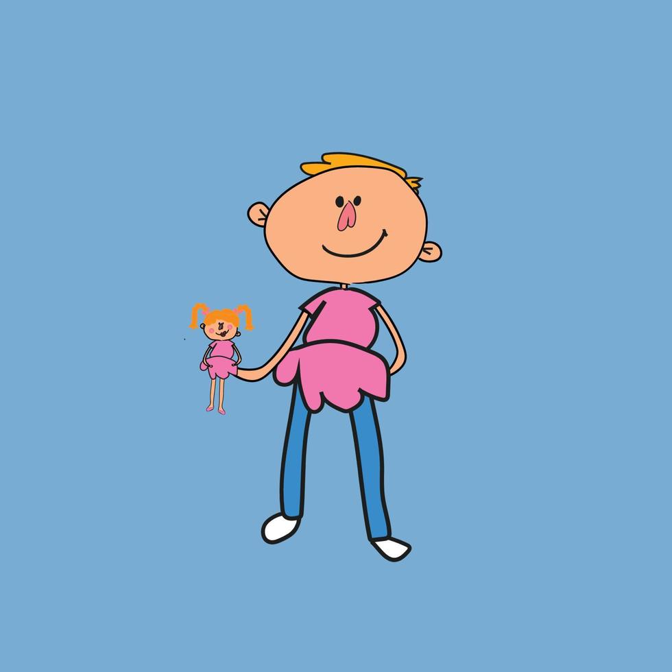 kind vervelend een roze jurk en spelen met een pop, transgender kind illustratie voor strips, kinderen boek en kinderen boek vector. vector