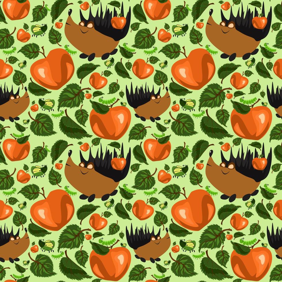 zomer Woud patroon met schattig egels, rupsen, kevers, appels en appel boom bladeren. naadloos patroon voor kleding stof, papier en andere het drukken en web projecten. vector