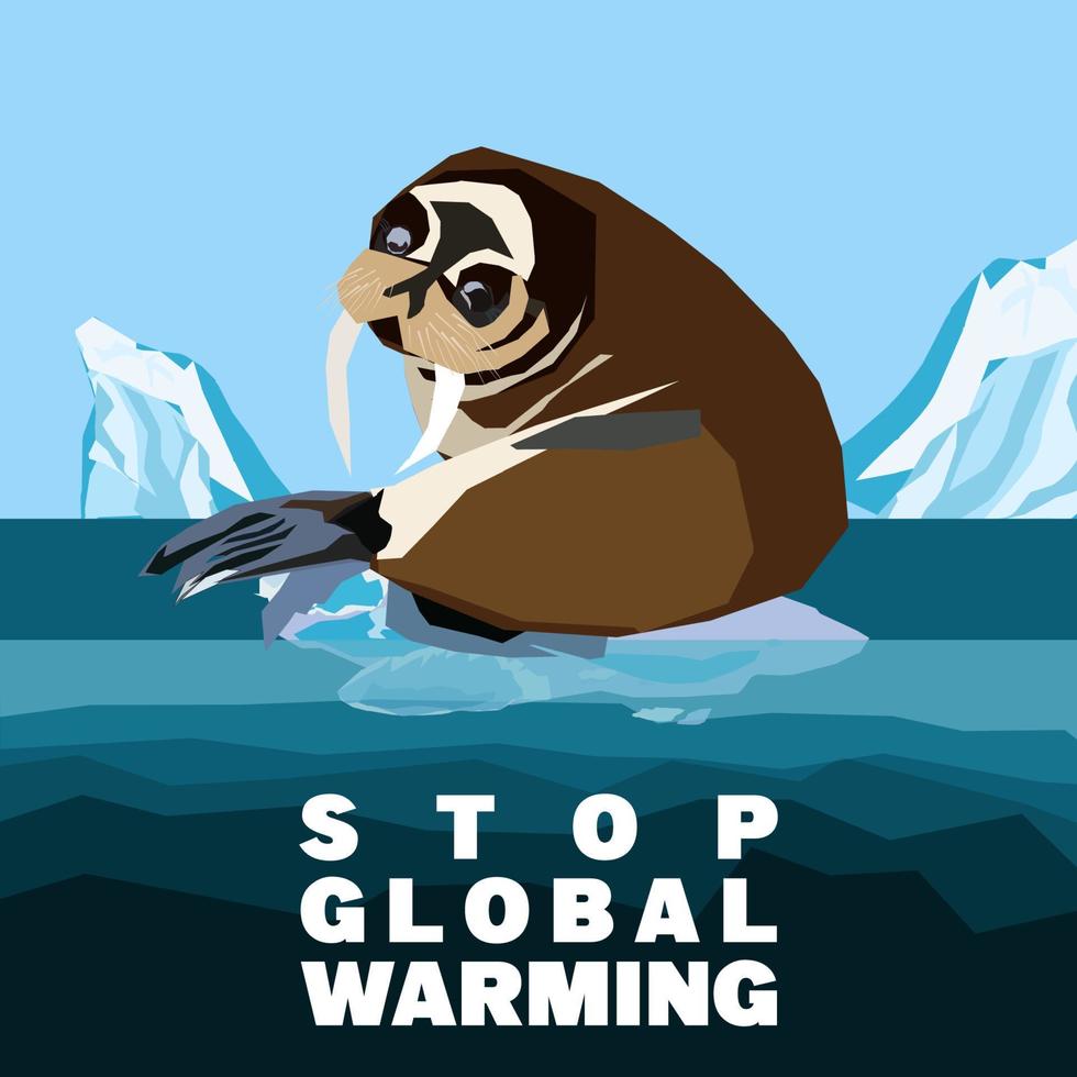 globaal opwarming abstract concept. walrus afdrijven Aan een klein ijs ijsschots van smelten antarctisch gletsjer. vlak tekenfilm vector illustratie, hou op globaal opwarming citaat