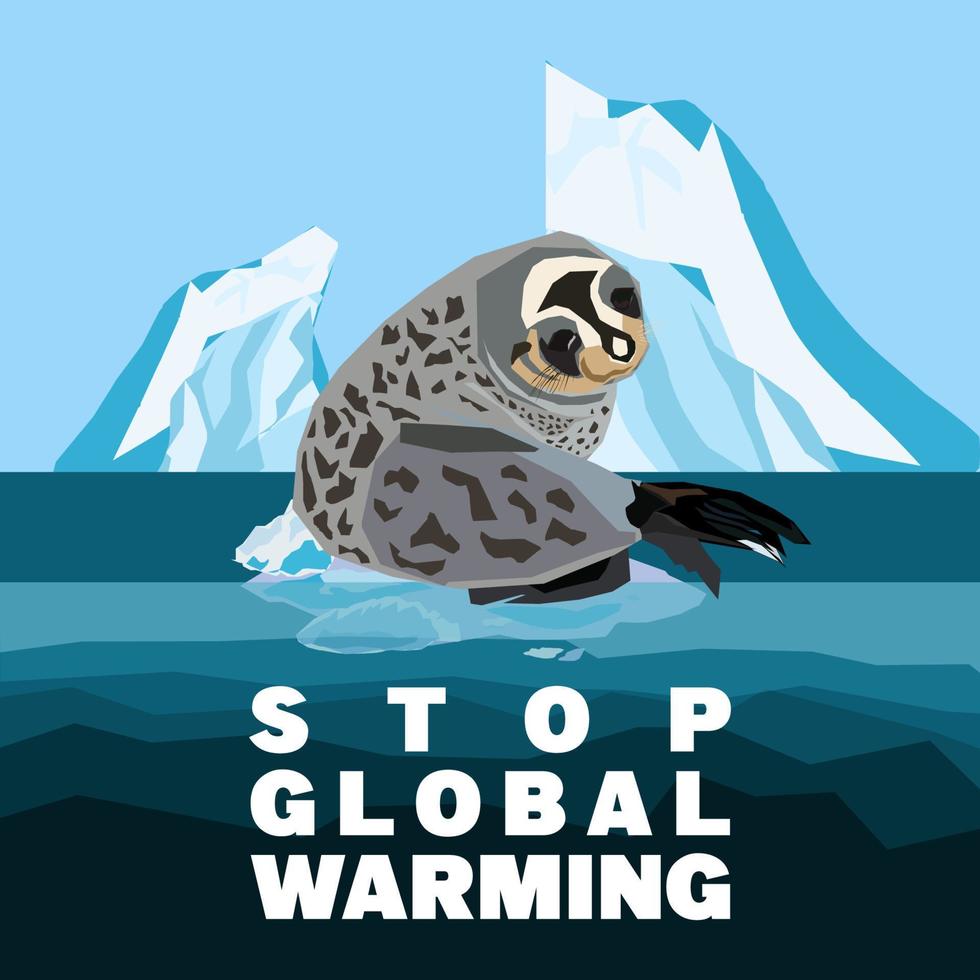 globaal opwarming abstract concept. zee luipaard afdrijven Aan een klein ijs ijsschots van smelten antarctisch gletsjer. vlak tekenfilm vector illustratie, hou op globaal opwarming citaat