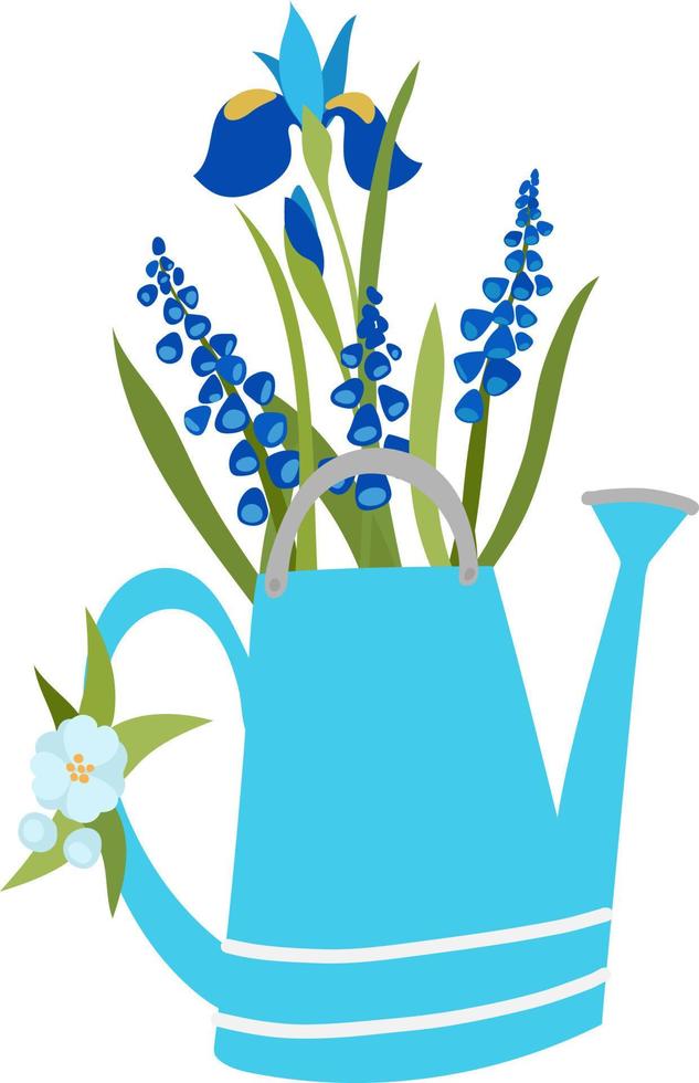 blauw gieter kan met blauw bloemen vector