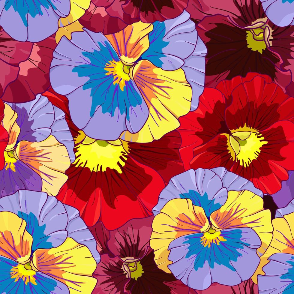 helder rood en blauw bloemen van viooltje Aan een donker bordeaux achtergrond. naadloos vector patroon. hand- tekening vector illustratie.