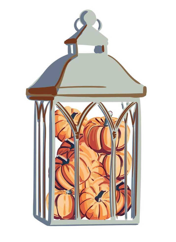 oud metaal lamp met klein pompoenen binnen. vector