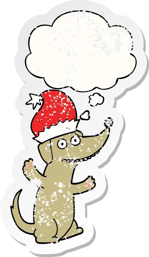 schattig Kerstmis tekenfilm hond en gedachte bubbel net zo een verontrust versleten sticker vector