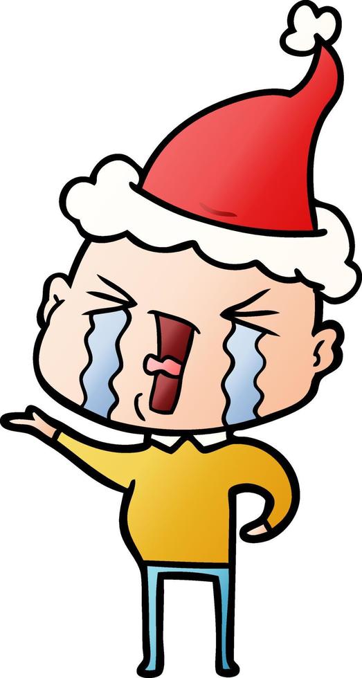gradiëntcartoon van een huilende kale man met een kerstmuts vector