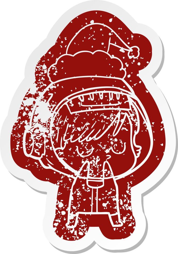cartoon noodlijdende sticker van een astronautenvrouw die een kerstmuts draagt vector