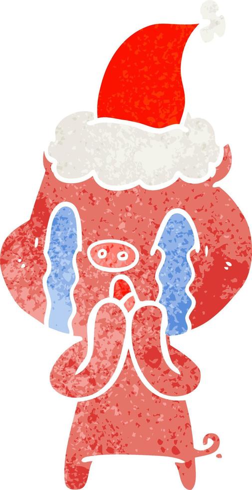 huilend varken retro cartoon van een dragende kerstmuts vector