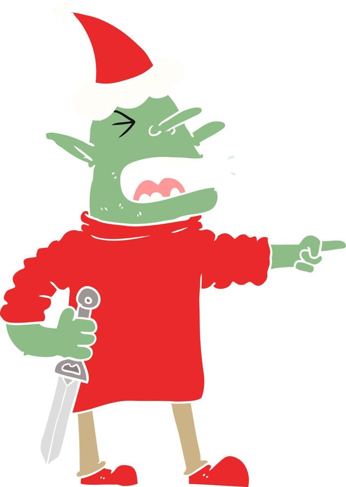 vlak kleur illustratie van een kabouter met mes vervelend de kerstman hoed vector