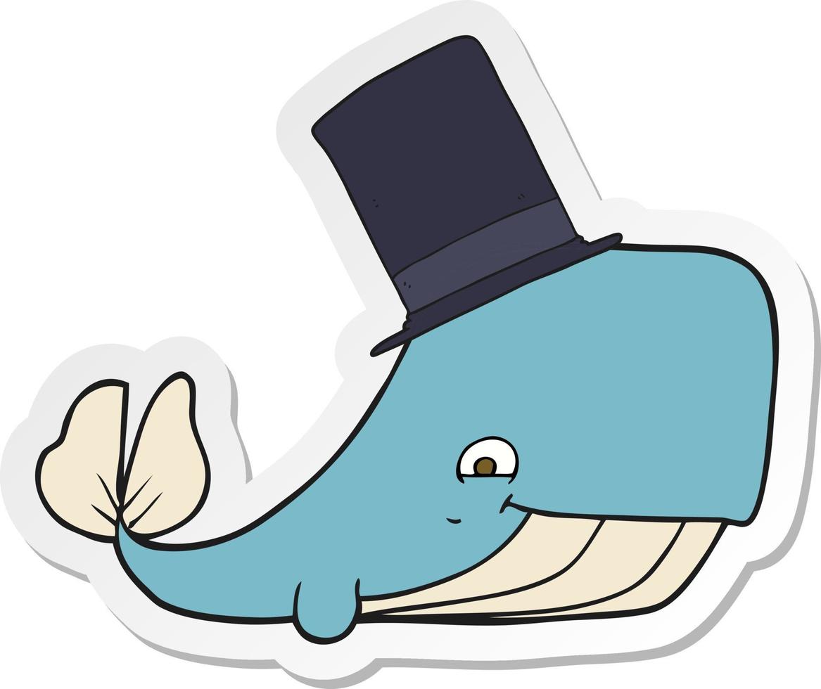 sticker van een tekenfilm walvis in top hoed vector