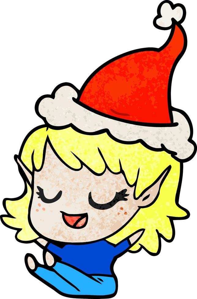 gelukkig getextureerde tekenfilm van een elf meisje zittend vervelend de kerstman hoed vector