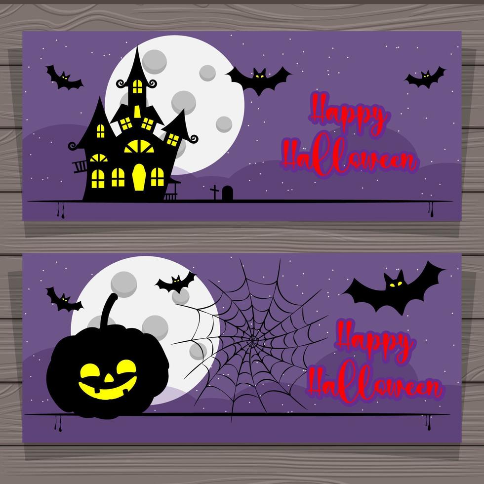 halloween verzameling van banners met gotisch huis, pompoen en vleermuizen Aan de maan achtergrond, vector illustratie