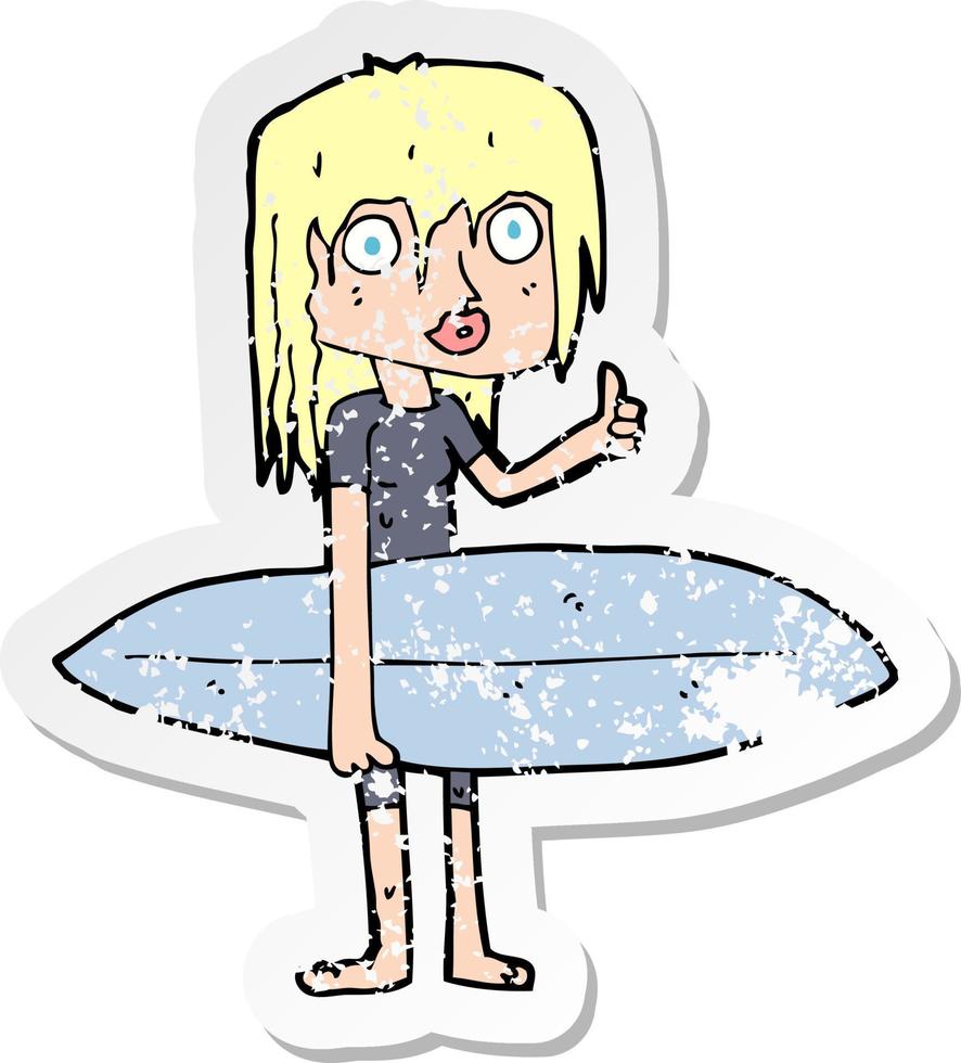 retro noodlijdende sticker van een cartoon surfer girl vector