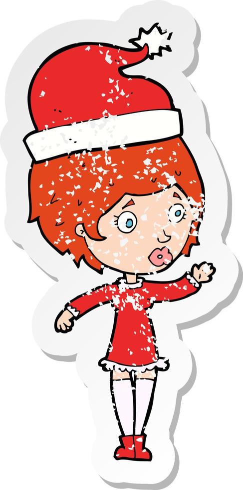 retro noodlijdende sticker van een cartoonvrouw klaar voor kerstmis vector