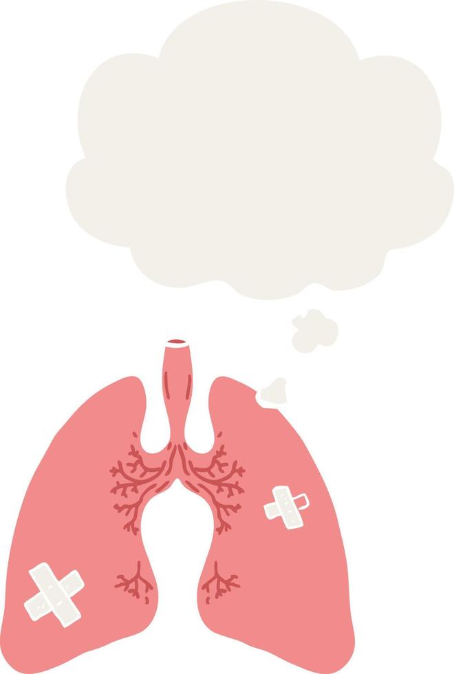 tekenfilm longen en gedachte bubbel in retro stijl vector