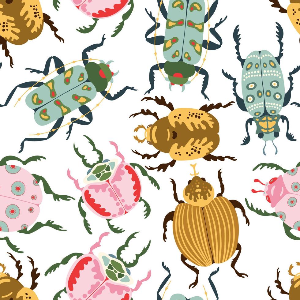 kever soorten en exotisch kevers vector naadloos patroon. insect bugs in vlak tekenfilm stijl textuur. vector illustratie voor kleding stof, afdrukken, kleding, textiel.