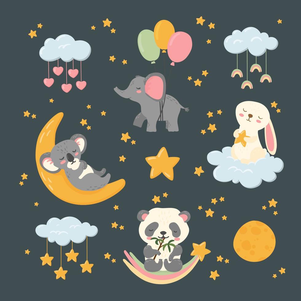 schattig slapen dieren mooi zo nacht groot sticker set. hemel- lichamen, wolken, sterren, maan, panda, olifant, konijn en koala. kinderkamer poster, ansichtkaart, kinderen afdrukken, baby douche. vector illustratie.