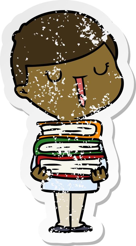 verontrust sticker van een tekenfilm gelukkig jongen met stack van boeken vector
