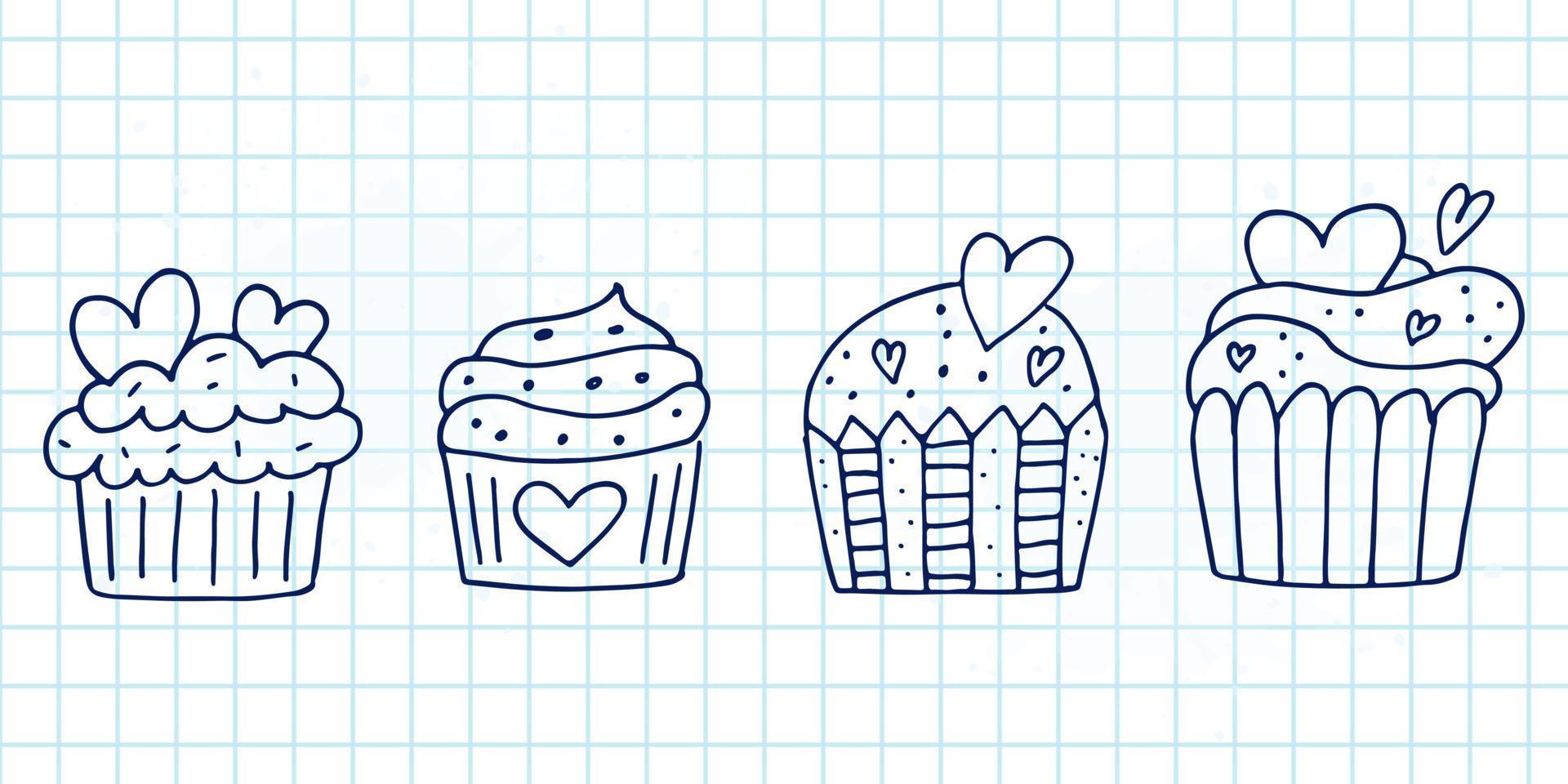 reeks van schattig hand getekend tekening elementen over liefde. bericht stickers voor apps. pictogrammen voor valentijnsdag dag, romantisch evenementen en bruiloft. een geruit notebook. cupcakes met harten. vector