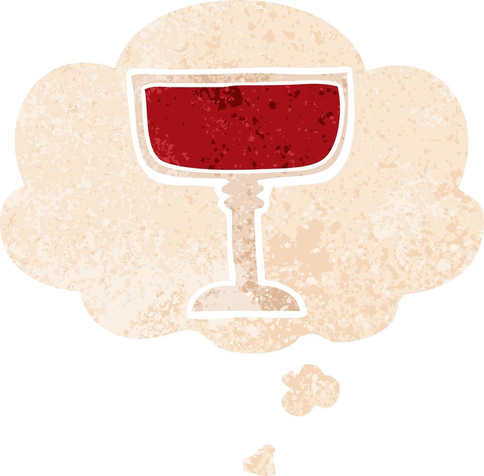 cartoon wijnglas en gedachte bel in retro getextureerde stijl vector