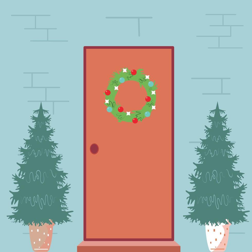 viering kerstmis. de deur is versierd met een Kerstmis lauwerkrans. vector