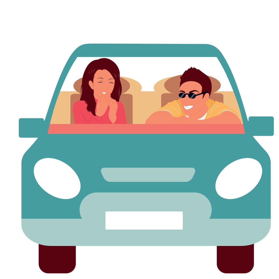 lachend Mens en vrouw in de auto. rust uit, comfort, vreugde. kleur vlak vector illustratie.