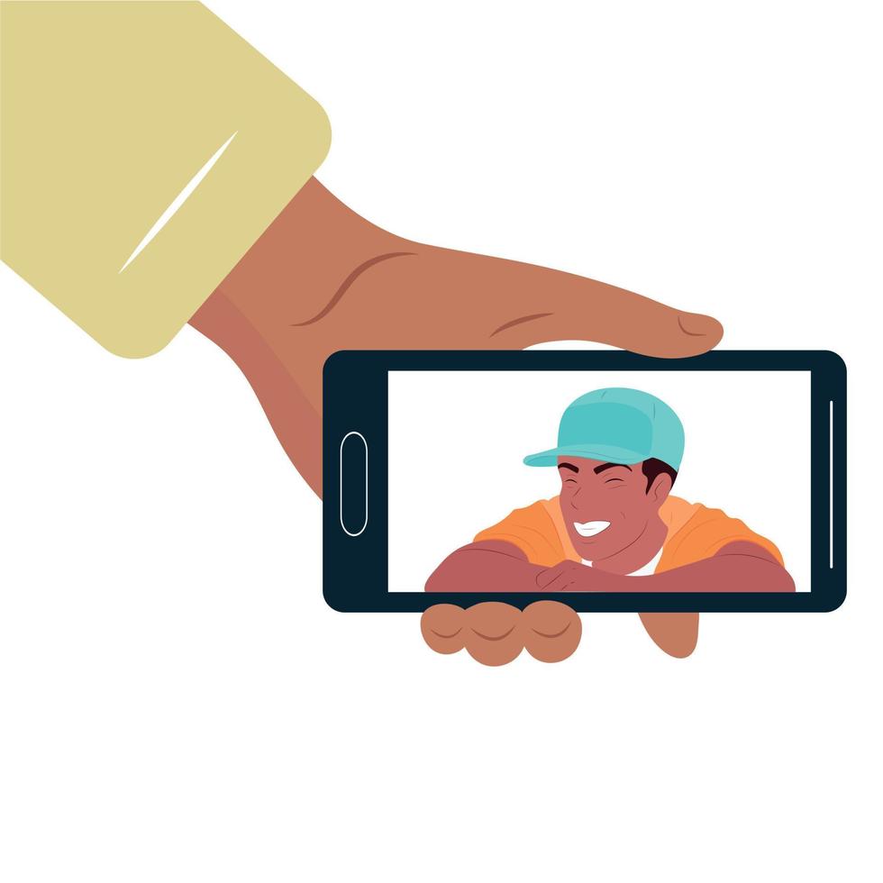 lachend Mens Aan de telefoon.video telefoontje .gekleurd vlak vector illustratie.