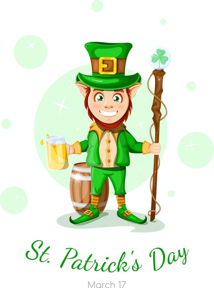 ansichtkaart gelukkig st. Patrick dag. vrolijk en gelukkig elf van Ierse folklore met een mok van bier en een riet met een Klaver in zijn handen, achter een vat vector