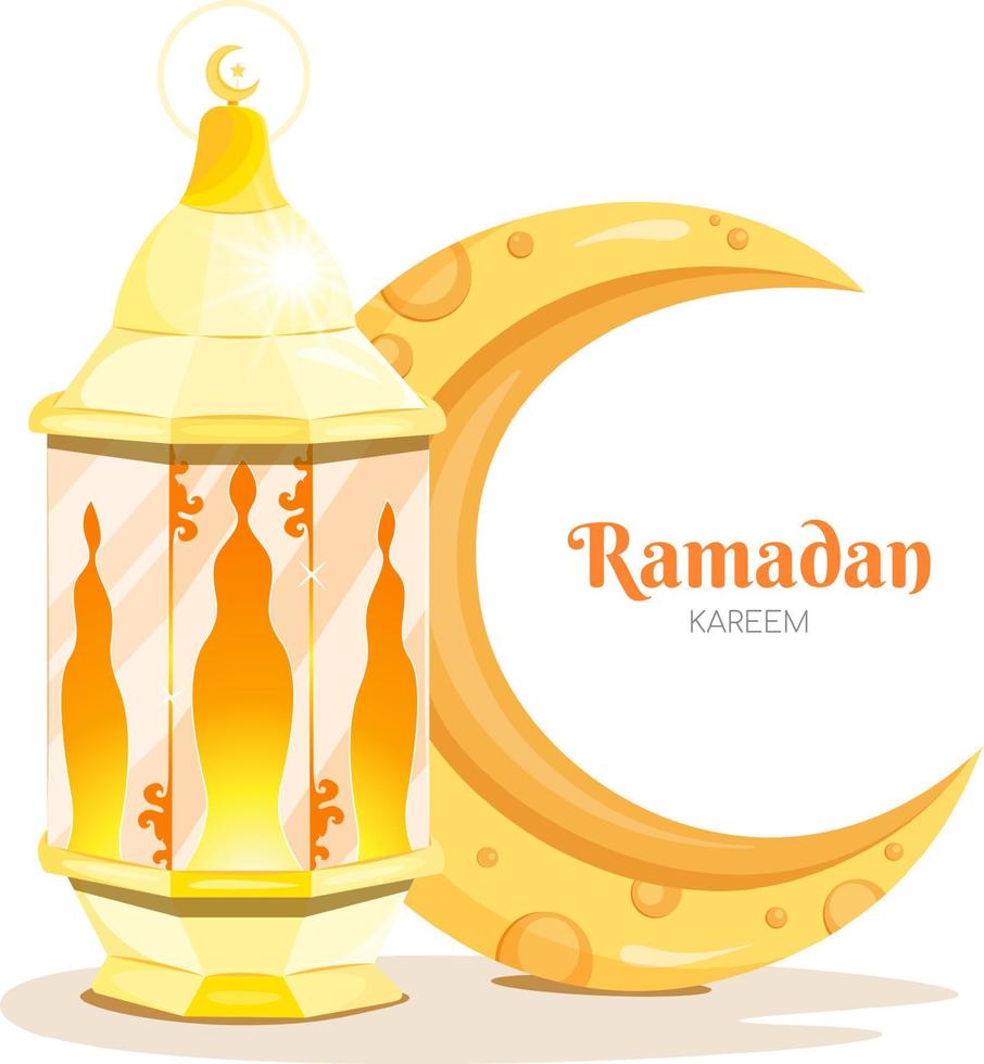 Ramadan kareem groet kaart met een helder Islamitisch lantaarn en een maand vector