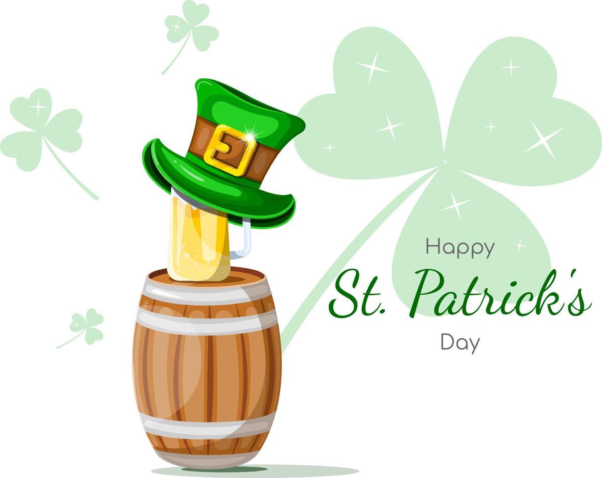 ansichtkaart gelukkig st. Patrick dag. bier vat met bier mok en elf van Ierse folklore hoed vector