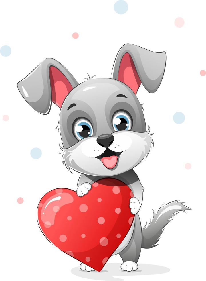 schattig en grijs puppy Holding een rood hart vector