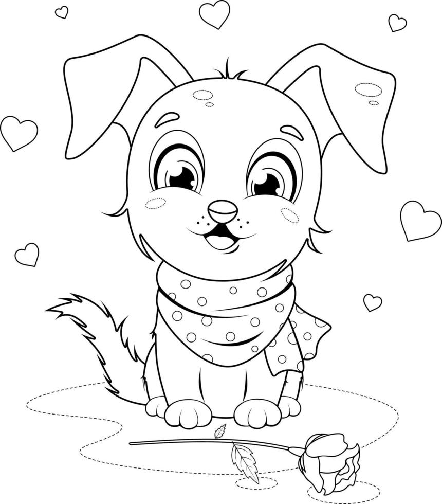 kleur bladzijde. een schattig en vrolijk tekenfilm puppy zit in de buurt een roos en harten vector