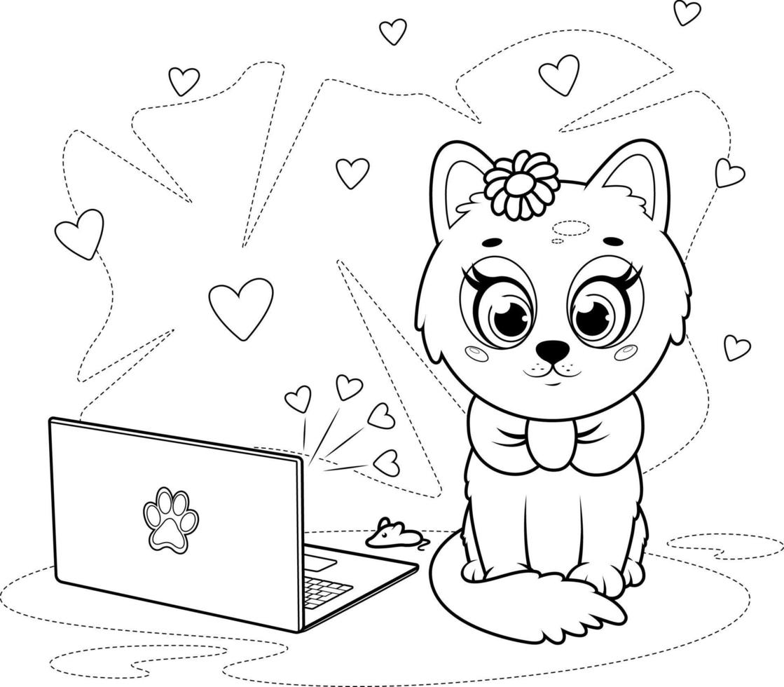 kleur bladzijde. schattig tekenfilm kat zittend in de buurt laptop vector