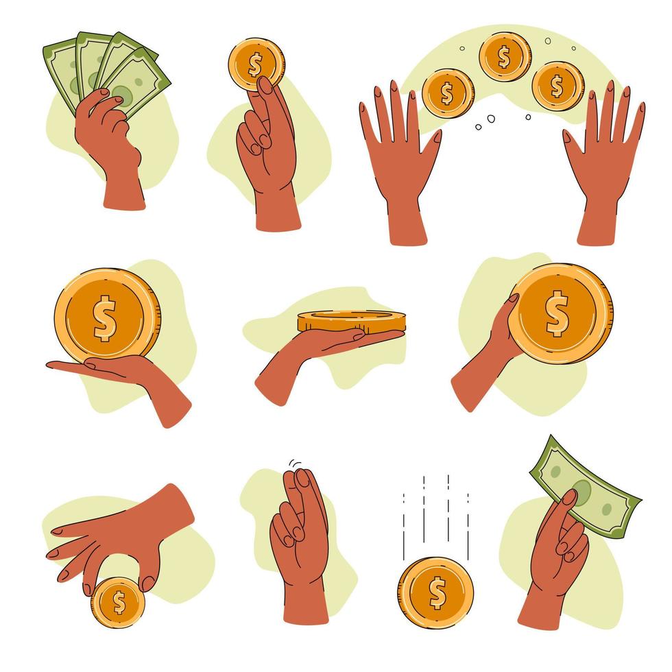 financiën illustratie set. teken hand met munten. geld overmaken, ontvangen, vasthouden concept. platte vectorillustratie. vector