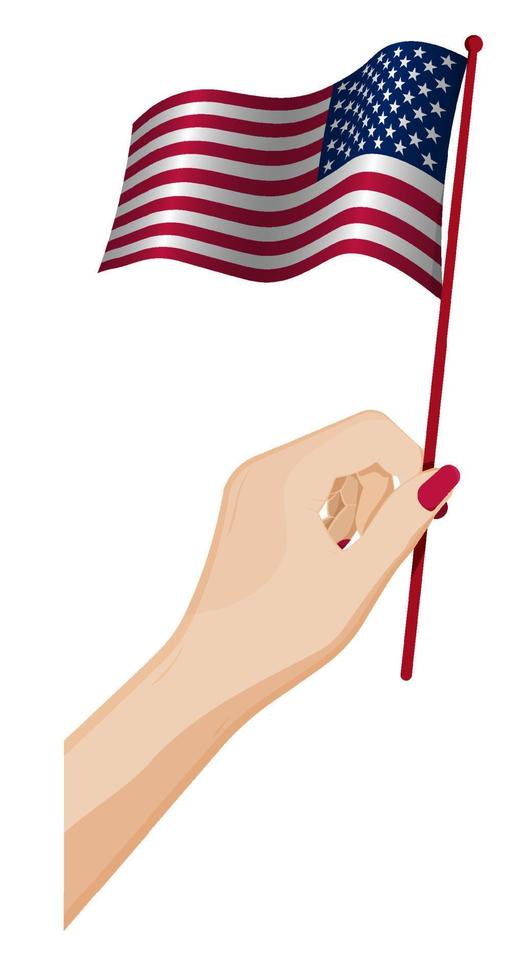 vrouw hand- voorzichtig houdt klein Amerikaans vlag. vakantie ontwerp element. tekenfilm vector Aan wit achtergrond