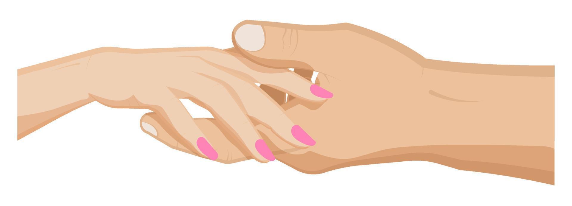 Mens houdt dames hand- in zijn palm. huwelijk, familie, bruiloft ceremonie. tekenfilm vector Aan wit achtergrond